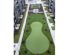A green space in between two buildings.