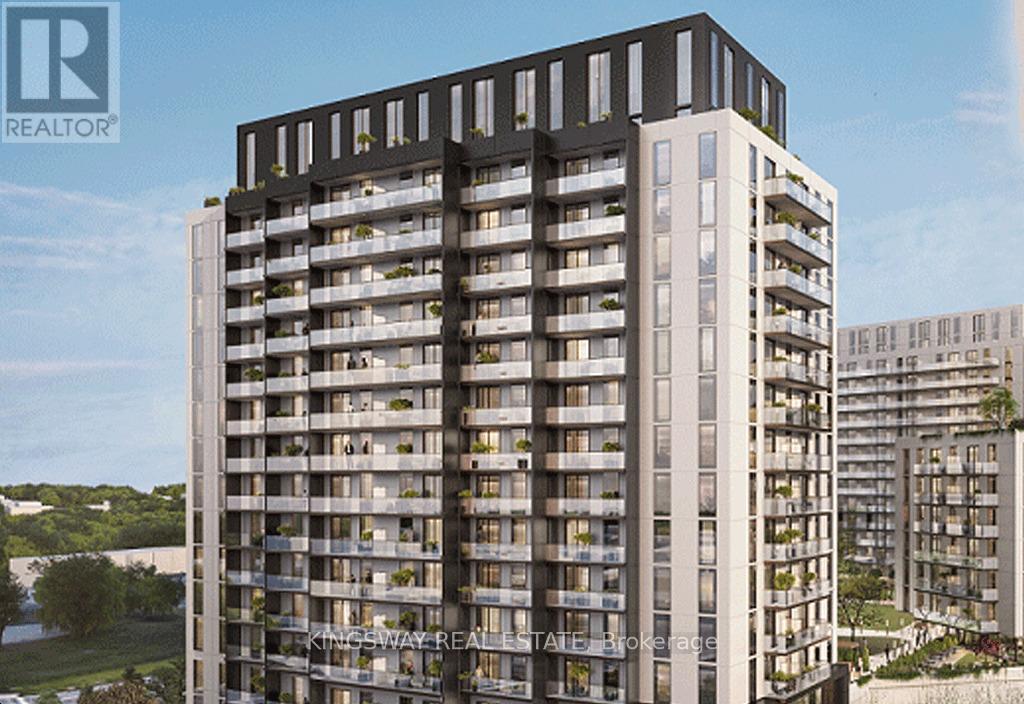A modern multi-story building with balconies and a logo on the top left corner.