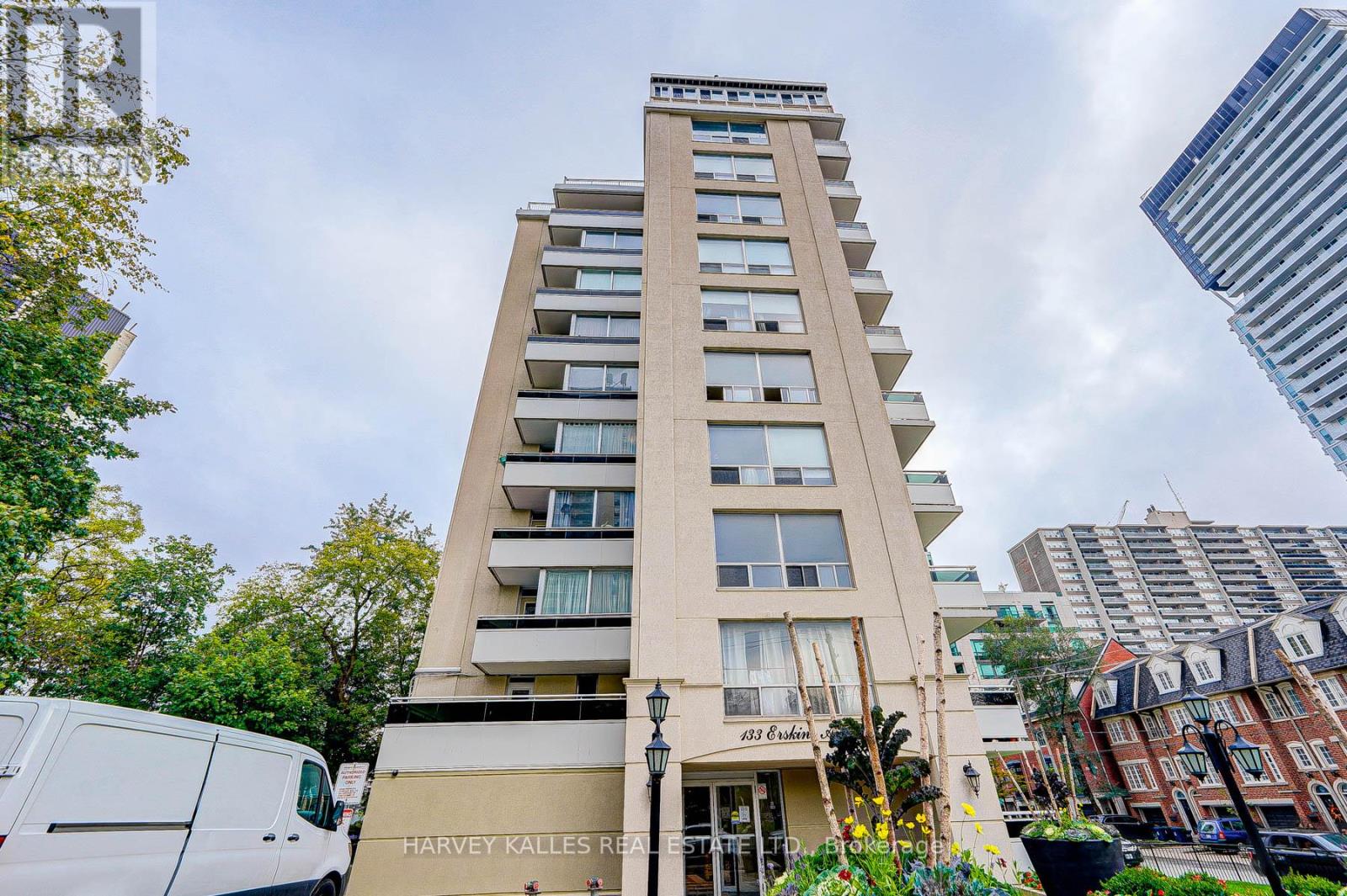 A tall building with the words "Harvey Kalles Realty" on the front.