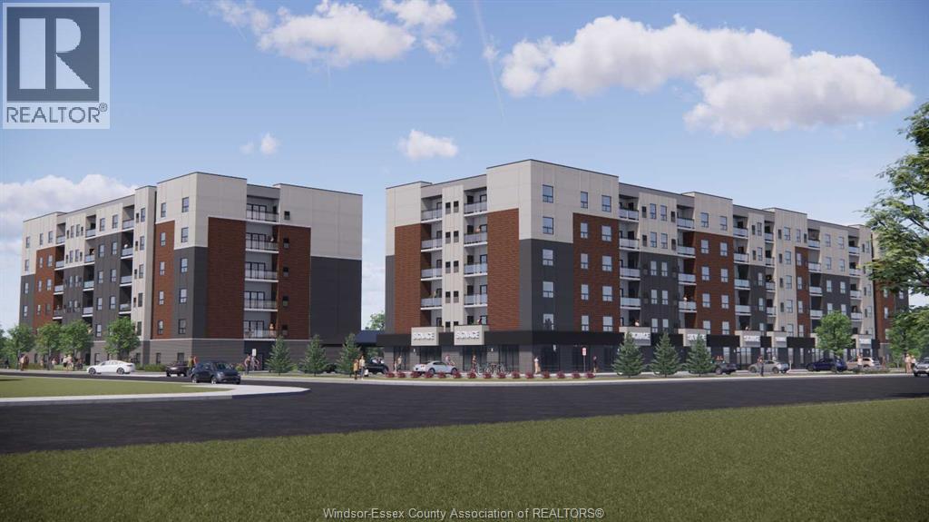 A rendering of a modern apartment complex with multiple buildings.