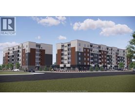 A rendering of a modern apartment complex with multiple buildings.