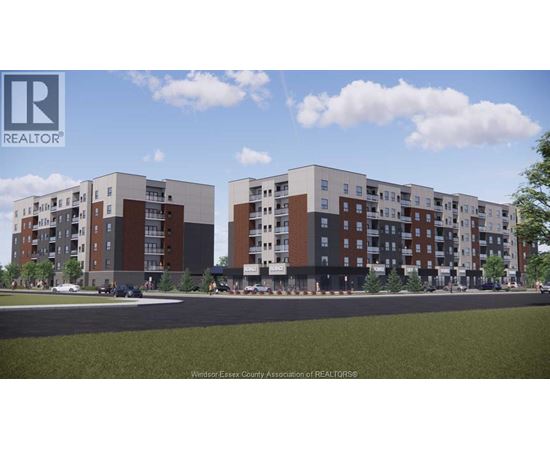 A rendering of a modern apartment complex with multiple buildings.