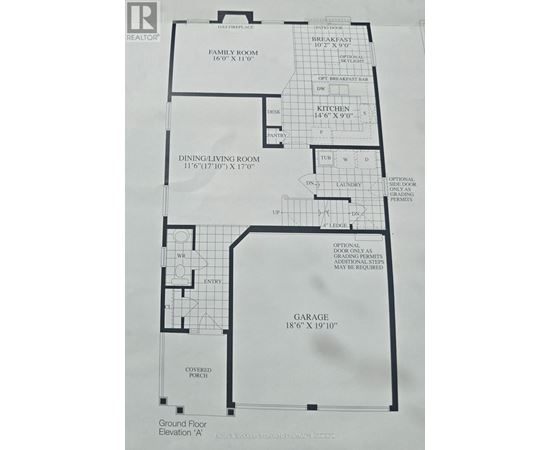 A floor plan for a house with a garage and a covered porch.