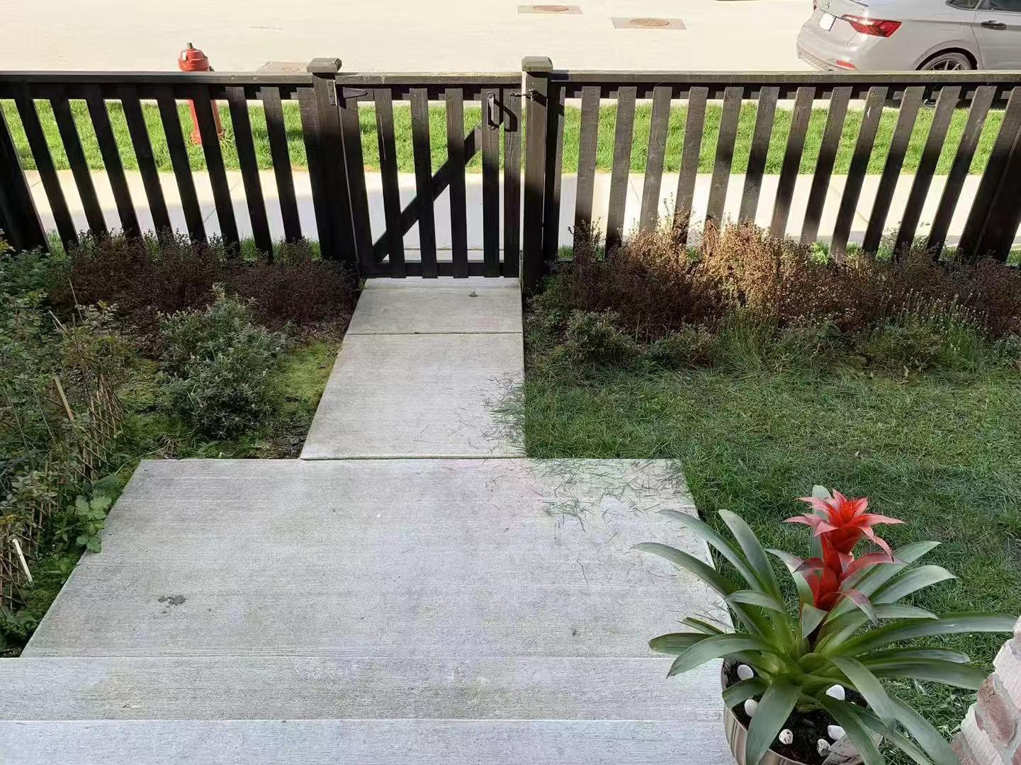 A concrete walkway leads to a black gate.