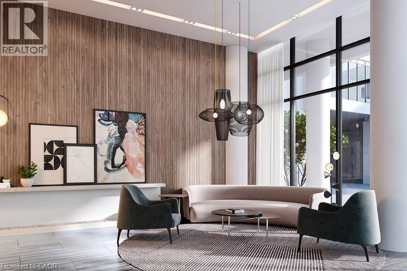 A modern living room with a sofa, armchairs, and a coffee table.