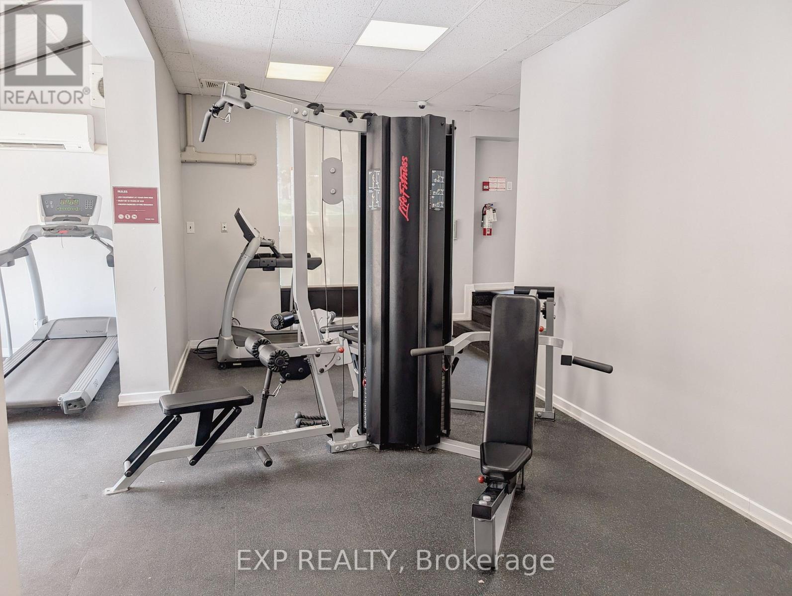 A gym room with a treadmill, a weight machine and a squat rack.