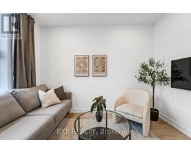 A living room with a grey couch, a white armchair, and a small tree on a glass table.