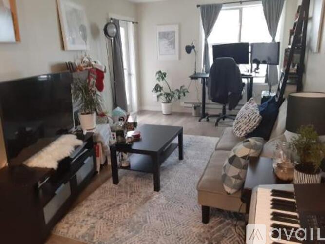 A living room with a piano, a couch, a chair, and a potted plant.