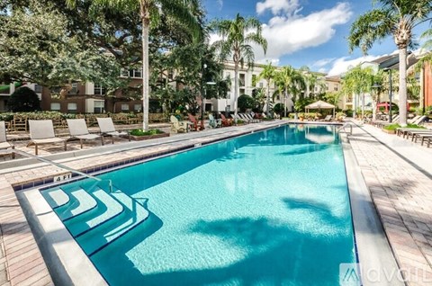 A large swimming pool surrounded by lounge chairs and trees.