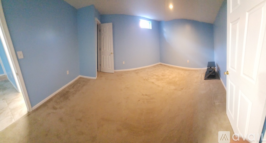 A room with blue walls and a white door.