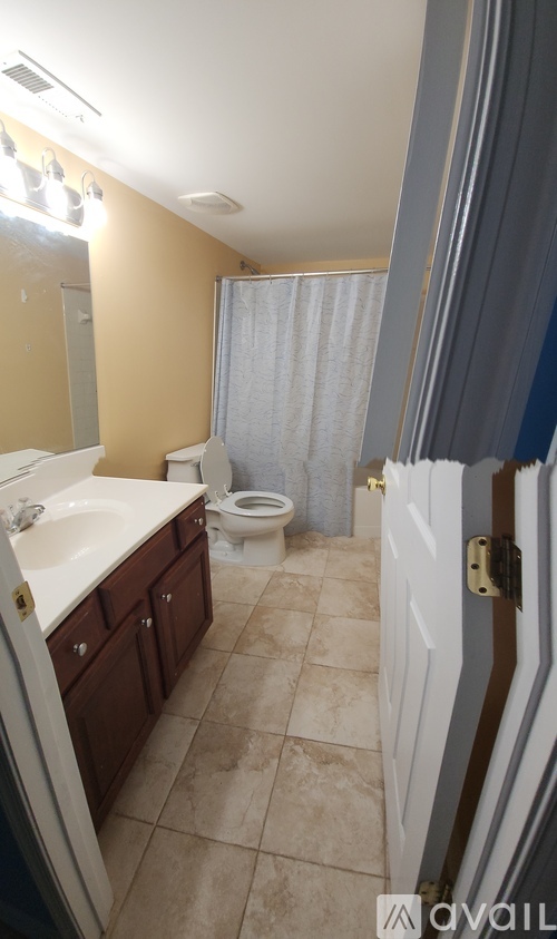 A bathroom with a toilet, sink, and shower curtain.