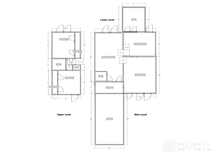 A floor plan of a building with three levels, including lower level, main level, and upper level.