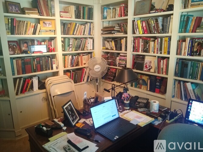 A room with a desk, laptop, and a fan with a bookshelf in the background.