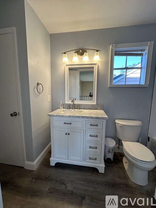 A bathroom with a white cabinet, a toilet, and a mirror.