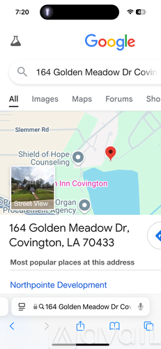 A screenshot of a Google Maps page showing the location of 164 Golden Meadow Dr Covington, LA 70433.
