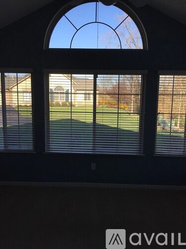 A window with blinds overlooking a green lawn.