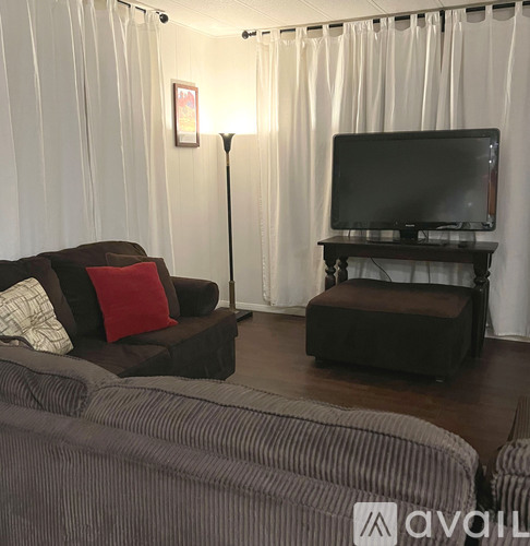 A living room with a couch, a chair, and a television.