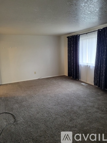 A room with a carpeted floor and a window with curtains.
