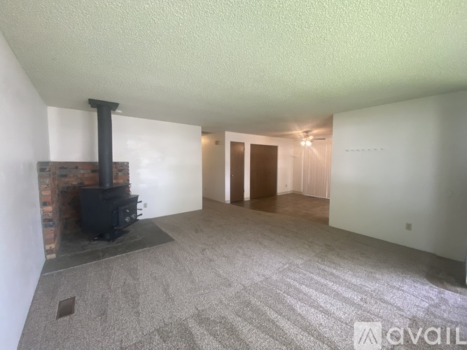 A room with a fireplace and a carpeted floor.