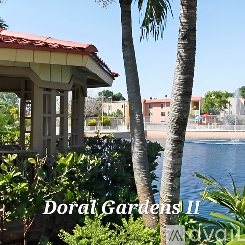 A tropical scene with a gazebo, palm trees, and a body of water.