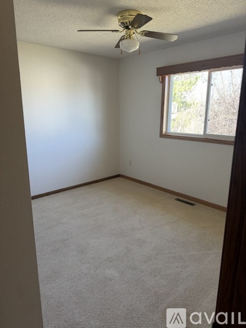 A room with a carpeted floor, a ceiling fan, and a window with a view of trees outside.