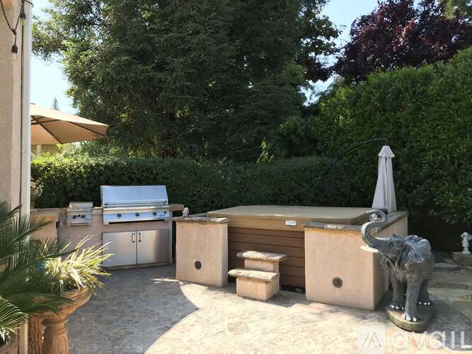 A backyard with a grill, a hot tub, and a statue of an elephant.