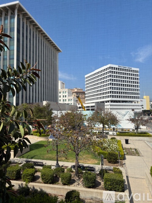 A modern building with a striped facade is in the background of a well-manicured lawn.