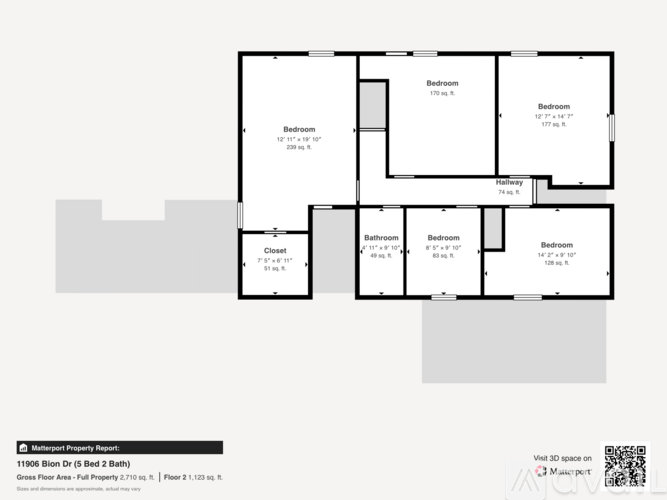 A floor plan of a property with 5 bedrooms and 2 bathrooms.