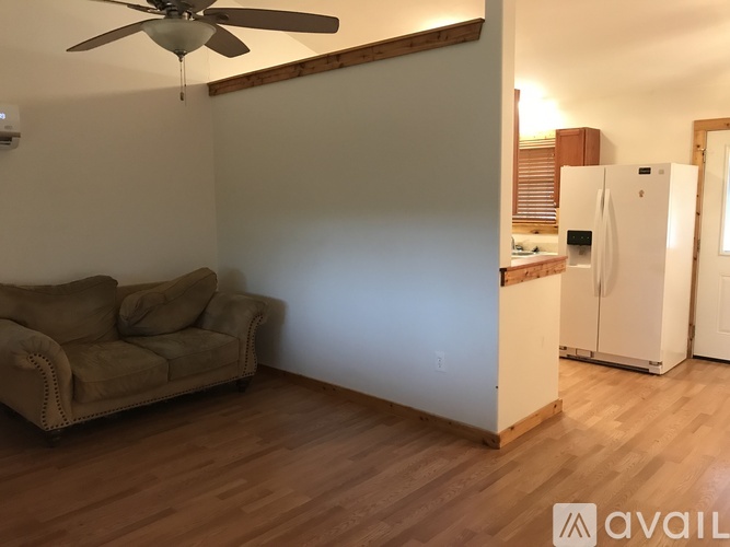 A living room with a couch and a ceiling fan.