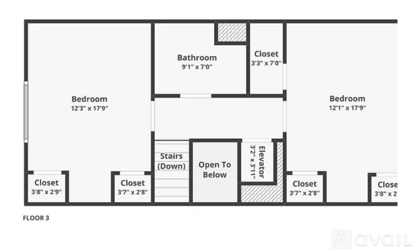 A floor plan of a house with two bedrooms, two closets, a bathroom, and a staircase.