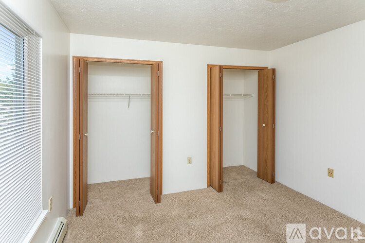 Two open doors in a white room with carpet.