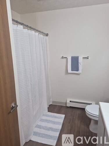 A bathroom with a toilet, a shower curtain, and a towel rack.