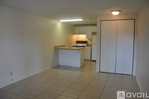 A kitchen area with a white counter and cabinets.