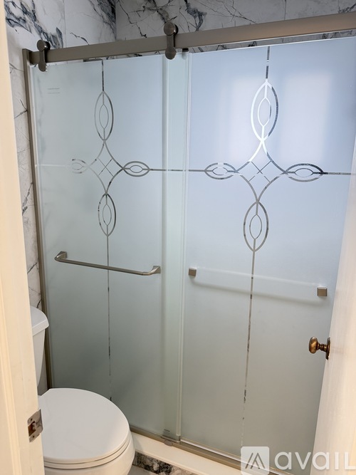 A bathroom with a toilet and a glass shower door with a design on it.
