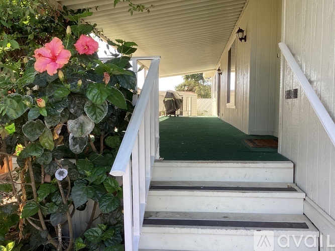 A white staircase with a green carpet leading to a door.