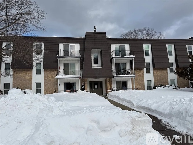 Apartment building with snow on the ground and trees in the background.