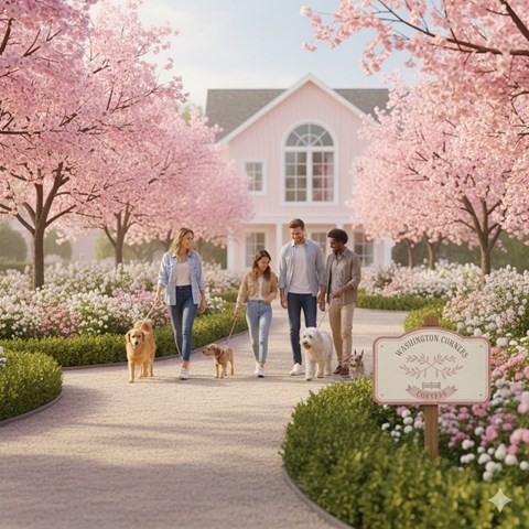 A family of four walks their dogs through a beautifully landscaped area with a sign that reads "Washington Courts."