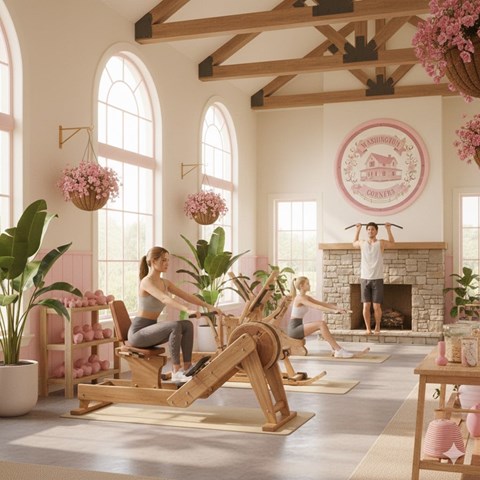 A woman is exercising on a rowing machine in a spacious room with a fireplace and hanging plants.