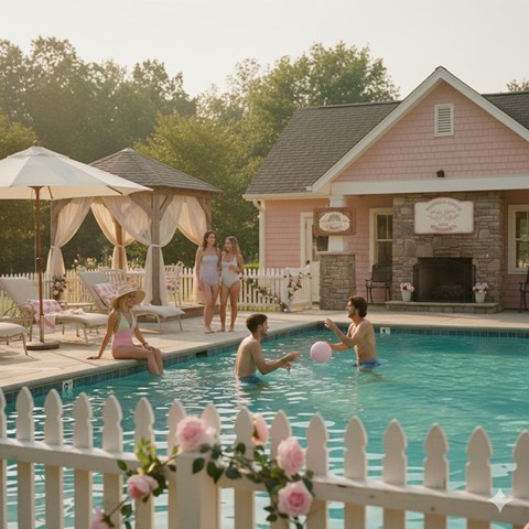 A group of people are enjoying a day at a poolside with a pink building in the background.