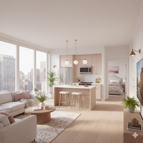A modern living room with a kitchenette and a view of the city.