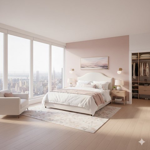 A bedroom with a large bed and a view of the city.