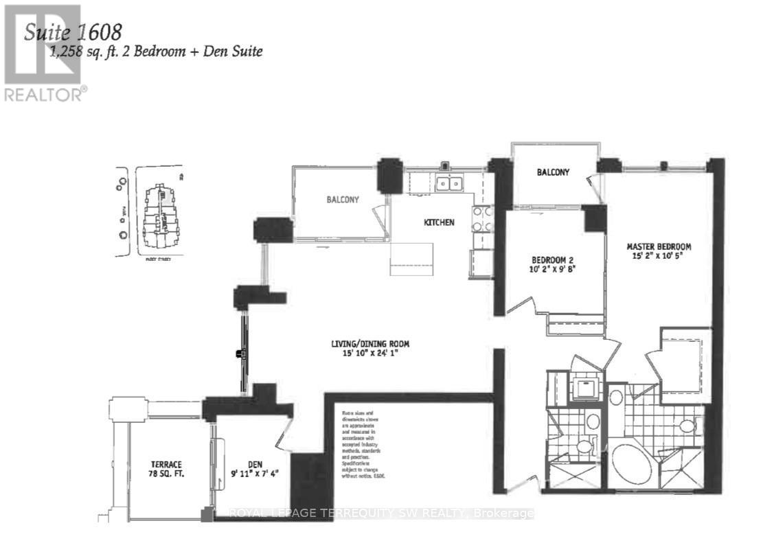 A black and white image of a floor plan for Suite 1608, a 1258 sq.ft. space with two bedrooms and a den suite.