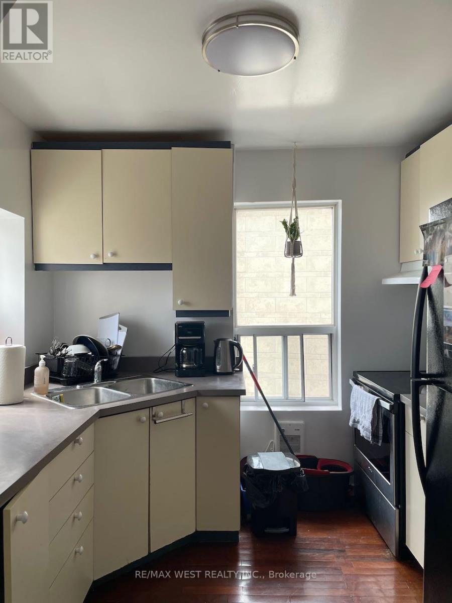 A kitchen with a black fridge and a window with a hanging plant.