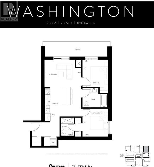 A black and white image of a floor plan for a 2 bedroom, 2 bathroom apartment.