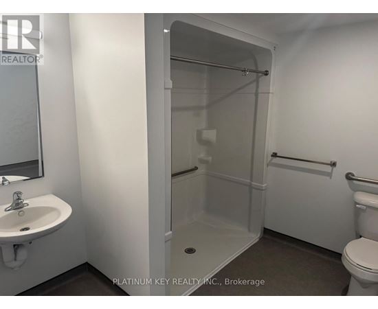 A bathroom with a sink, toilet, and shower.