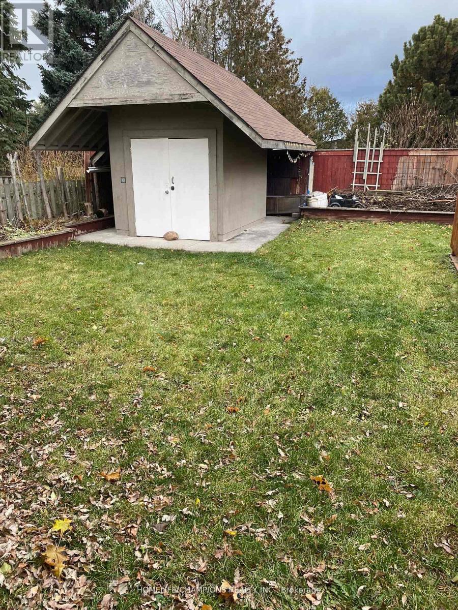 A small building with a white door is surrounded by a grassy area with fallen leaves.