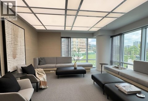 A living room with a grey sofa and a black coffee table.
