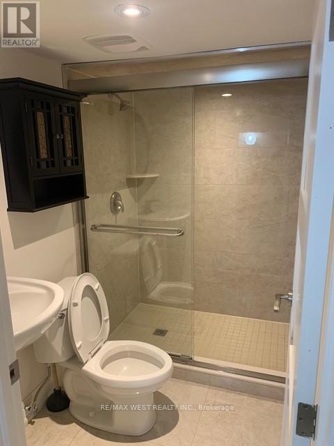 A bathroom with a toilet, a cabinet, and a walk-in shower.