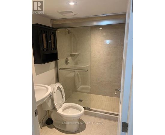 A bathroom with a toilet, a cabinet, and a walk-in shower.