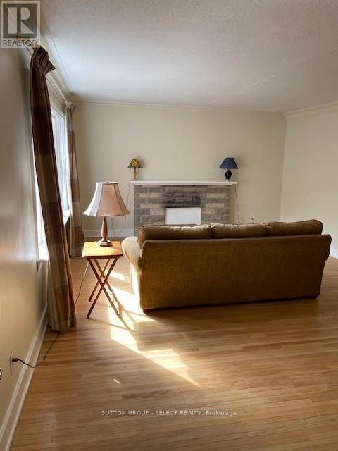 A living room with a couch, lamp, and fireplace.